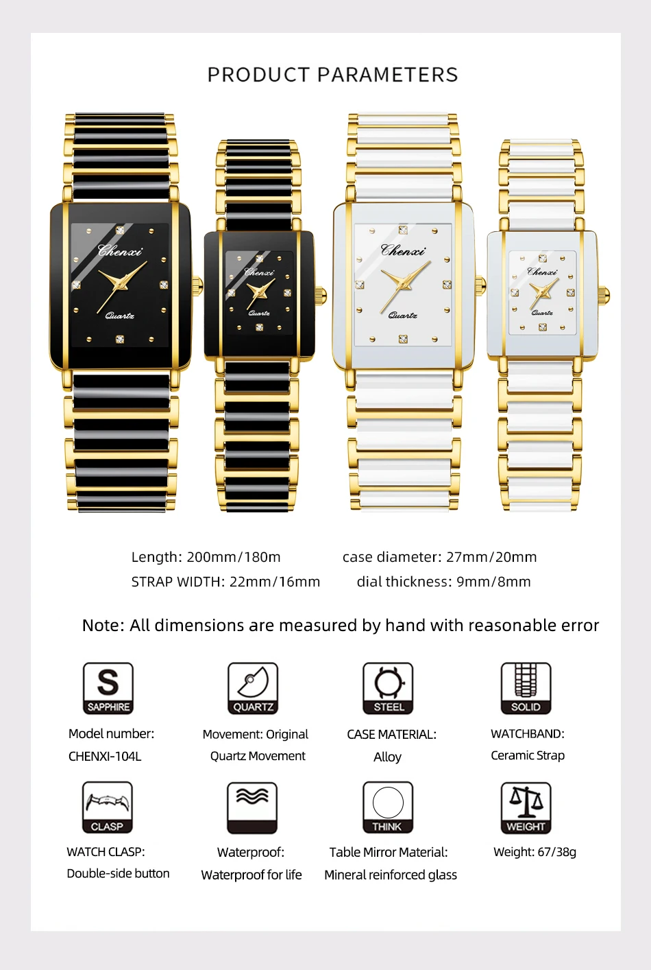 CHENXI 104A Couple's Watches Luxury Waterproof Relojes Para Damas Wristwatch for Woman and Man Simulated-Ceramics Strap Gift