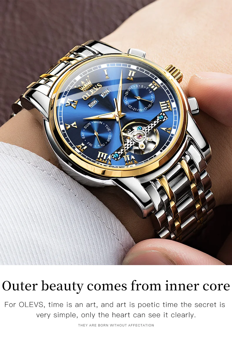 OLEVS 6607+6602 Original Men Women Watch Luxury Brand Tourbillon Mechanical Watch High End Romantic Lover Date Gift Couple Watch