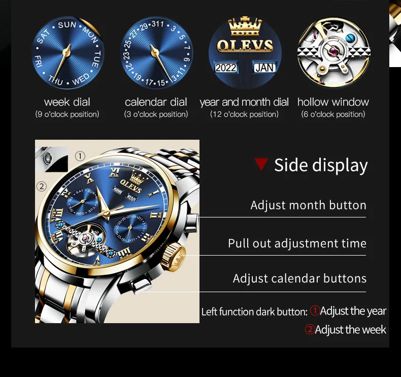 OLEVS 6607+6602 Original Men Women Watch Luxury Brand Tourbillon Mechanical Watch High End Romantic Lover Date Gift Couple Watch