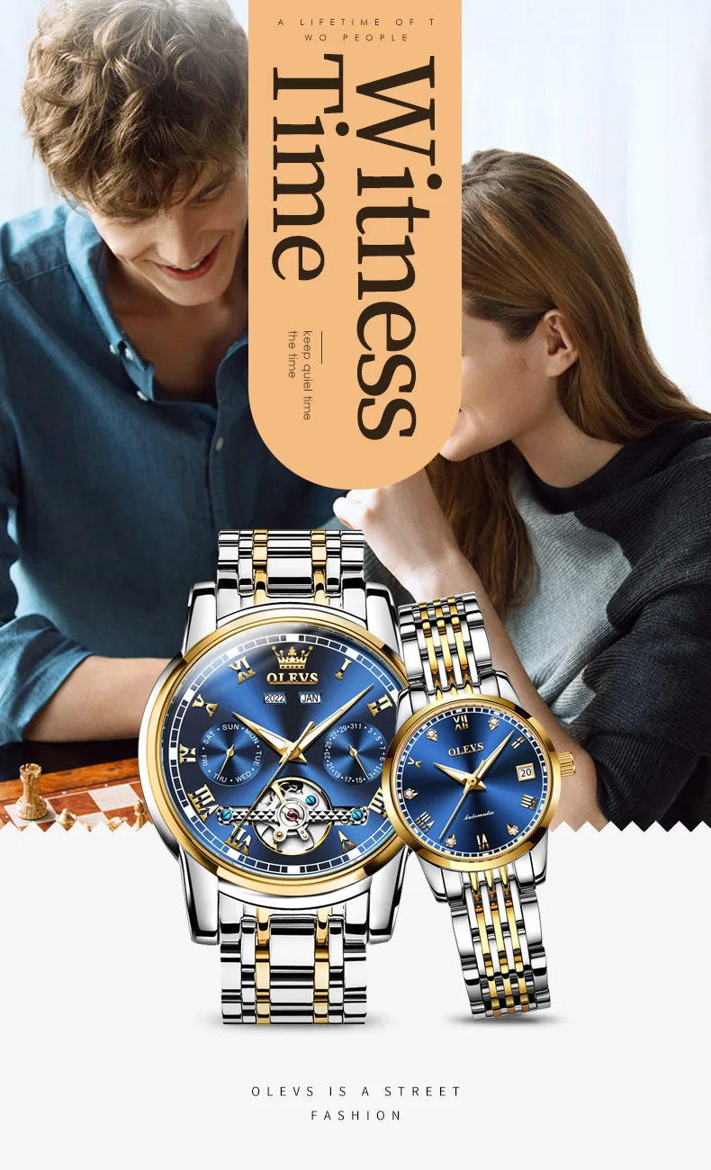OLEVS 6607+6602 Original Men Women Watch Luxury Brand Tourbillon Mechanical Watch High End Romantic Lover Date Gift Couple Watch
