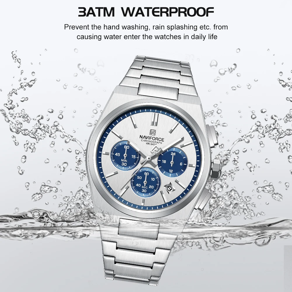 NAVIFORCE Male Quartz Stylish Watches Chronograph Waterproof Luminous Hands Stainless Steel Band Men Luxury Business Wristwatch