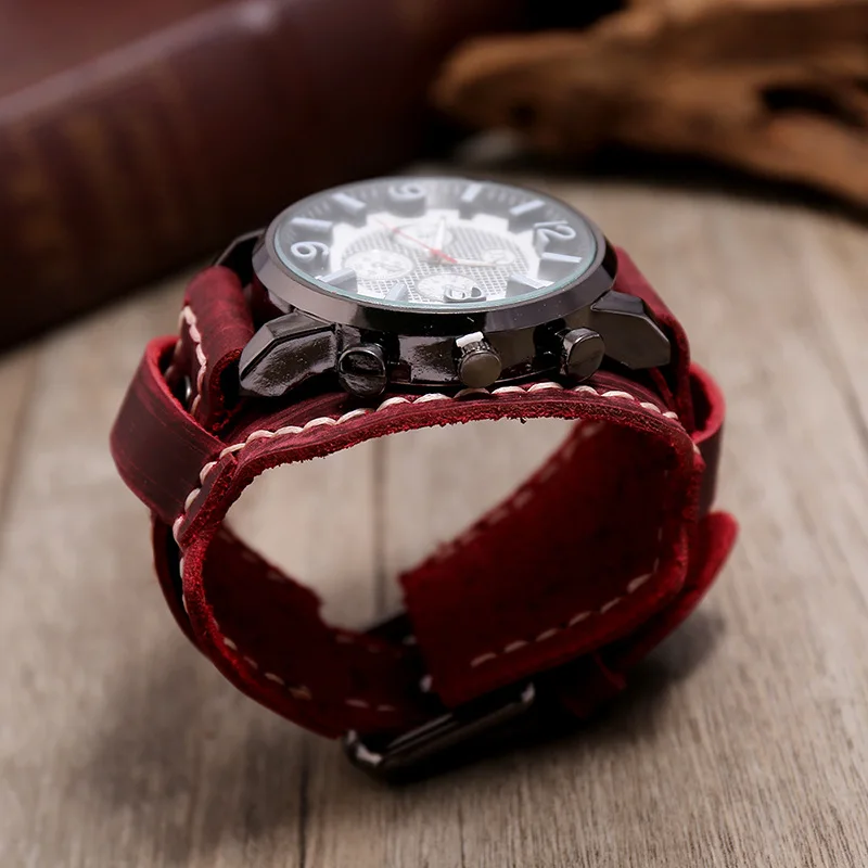 New Retro Mens Watches Genuine Leather Wide Watchband Wristwatch Fashion Punk Style Quartz Watch For Men 2025 Cowhide Bangles