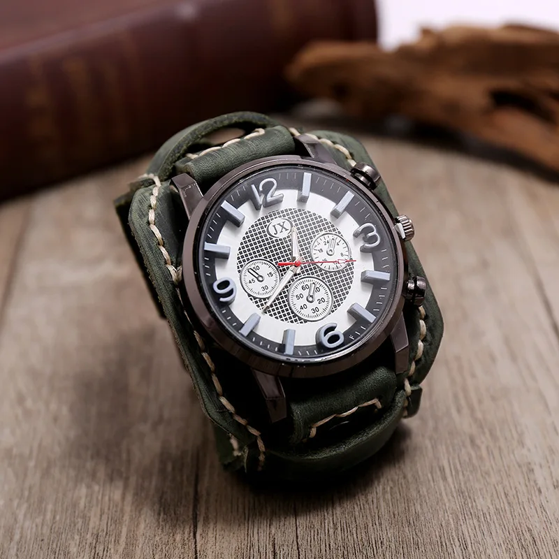 New Retro Mens Watches Genuine Leather Wide Watchband Wristwatch Fashion Punk Style Quartz Watch For Men 2025 Cowhide Bangles