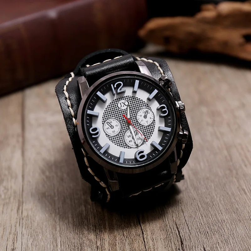 New Retro Mens Watches Genuine Leather Wide Watchband Wristwatch Fashion Punk Style Quartz Watch For Men 2025 Cowhide Bangles