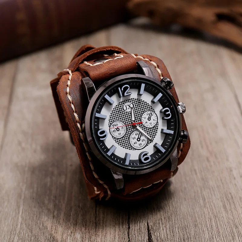 New Retro Mens Watches Genuine Leather Wide Watchband Wristwatch Fashion Punk Style Quartz Watch For Men 2025 Cowhide Bangles