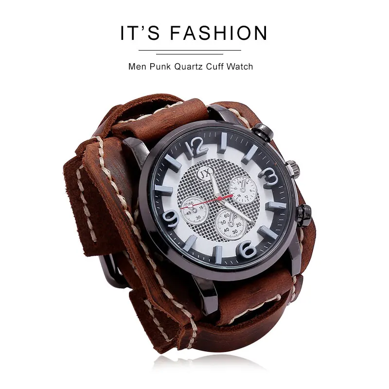 New Retro Mens Watches Genuine Leather Wide Watchband Wristwatch Fashion Punk Style Quartz Watch For Men 2025 Cowhide Bangles