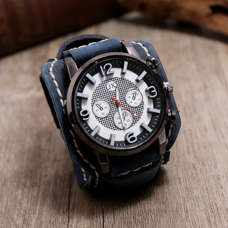 New Retro Mens Watches Genuine Leather Wide Watchband Wristwatch Fashion Punk Style Quartz Watch For Men 2025 Cowhide Bangles