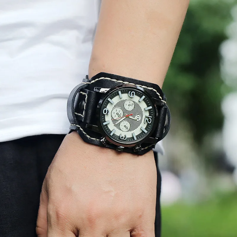 New Retro Mens Watches Genuine Leather Wide Watchband Wristwatch Fashion Punk Style Quartz Watch For Men 2025 Cowhide Bangles