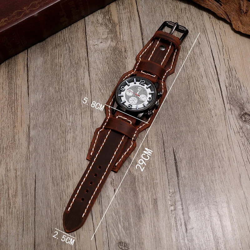 New Retro Mens Watches Genuine Leather Wide Watchband Wristwatch Fashion Punk Style Quartz Watch For Men 2025 Cowhide Bangles