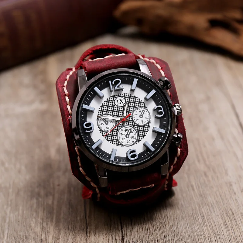 New Retro Mens Watches Genuine Leather Wide Watchband Wristwatch Fashion Punk Style Quartz Watch For Men 2025 Cowhide Bangles
