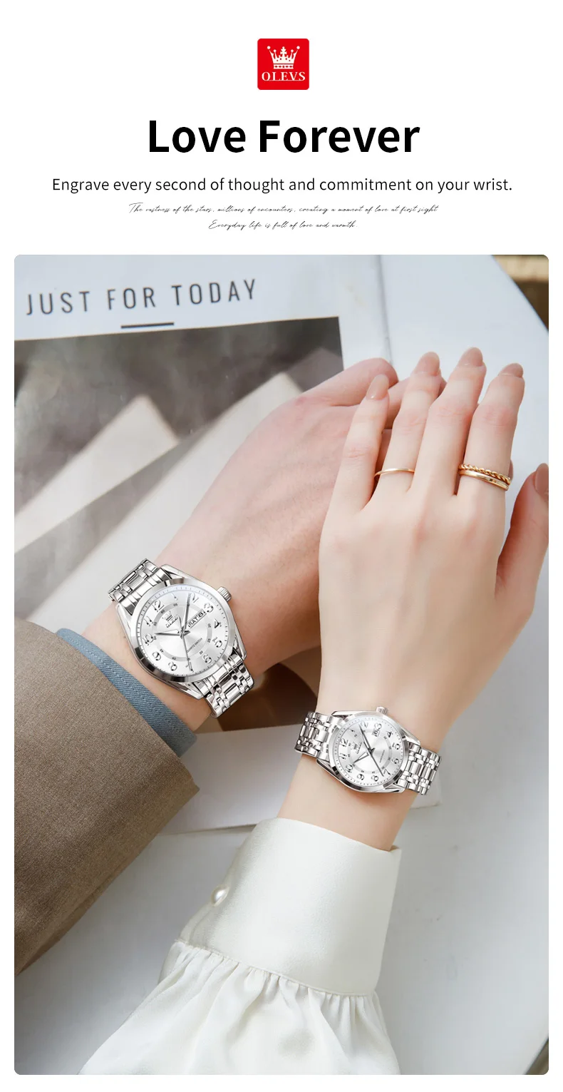 OLEVS 3666 Couple Watch Luxury Brand Quartz Watch Waterproof Watch Lover Gift Night Light Classic Date Week Clock His Her Watch