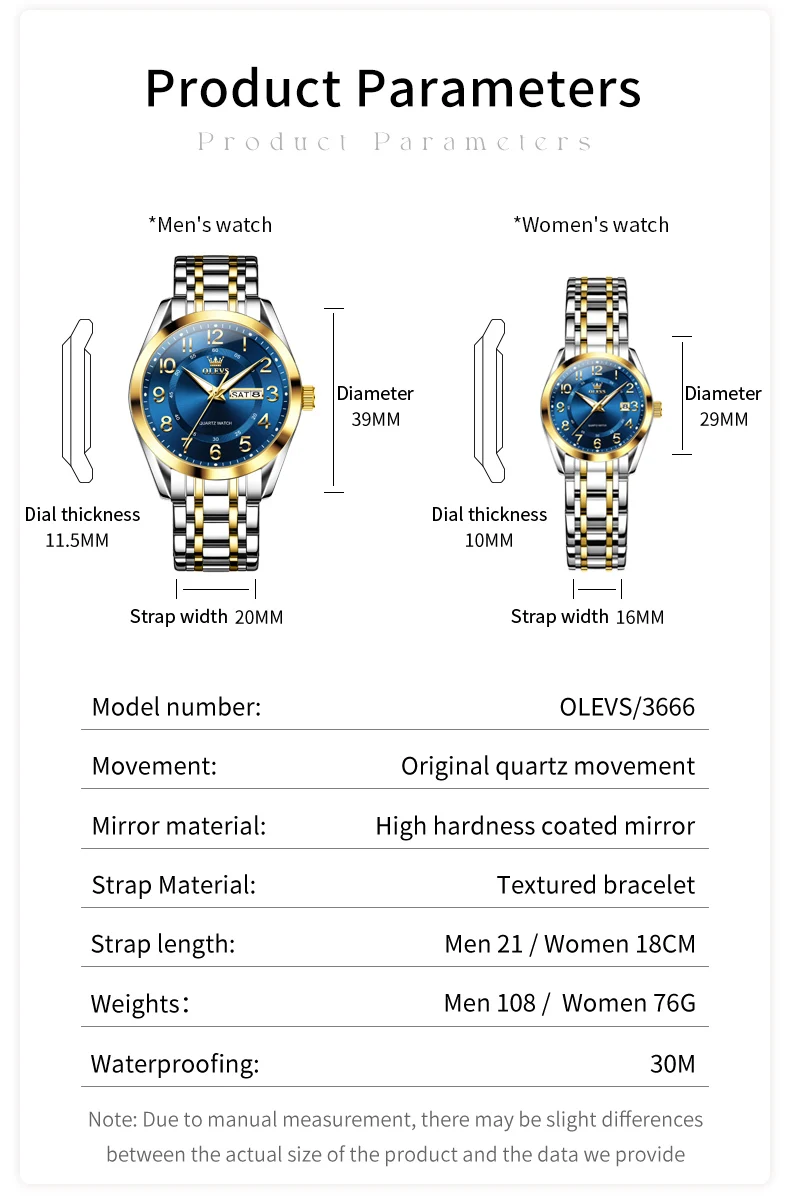 OLEVS 3666 Couple Watch Luxury Brand Quartz Watch Waterproof Watch Lover Gift Night Light Classic Date Week Clock His Her Watch