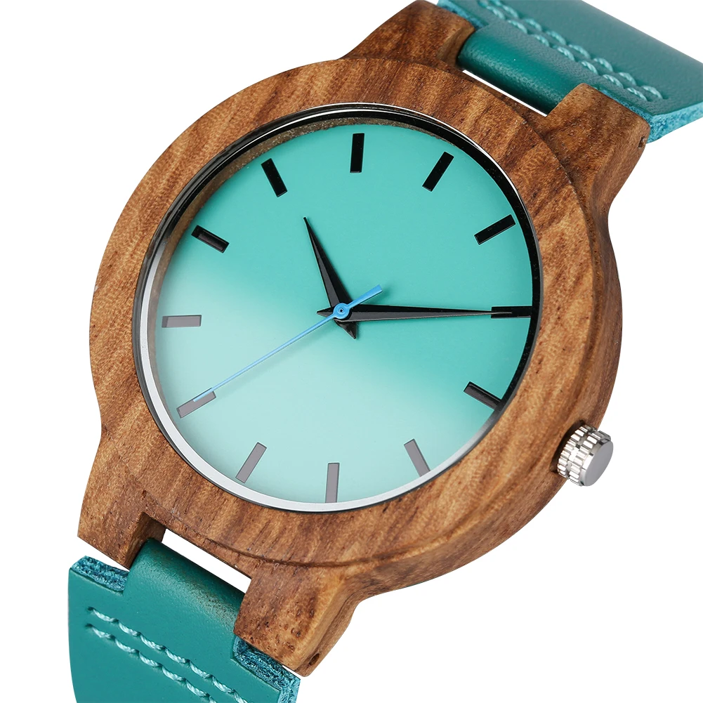 Unique Blue Genuine Leather Quartz Watch Men Women Fashion Minimalist Zebrawood Watch Case Couple Wristwatches Anniversary Gift