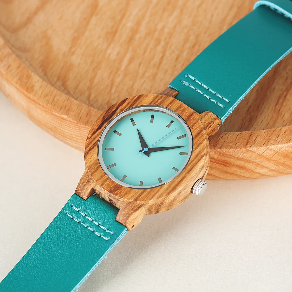 Unique Blue Genuine Leather Quartz Watch Men Women Fashion Minimalist Zebrawood Watch Case Couple Wristwatches Anniversary Gift