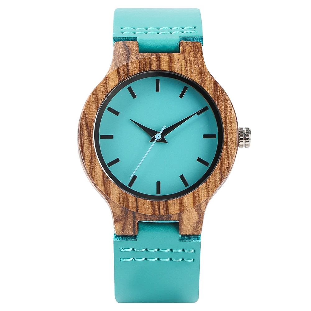 Unique Blue Genuine Leather Quartz Watch Men Women Fashion Minimalist Zebrawood Watch Case Couple Wristwatches Anniversary Gift