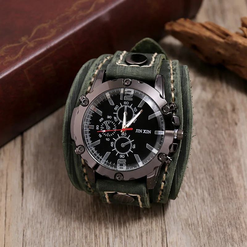 2025 Mens Quartz Wristwatch Fashion Cowhide Watchband Vintage Punk Big Round Watches Men Wide Genuine Leather Bracelets Clock