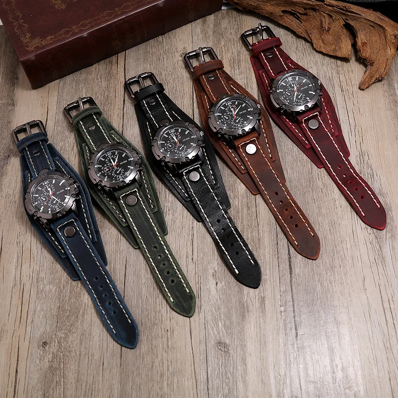 2025 Mens Quartz Wristwatch Fashion Cowhide Watchband Vintage Punk Big Round Watches Men Wide Genuine Leather Bracelets Clock