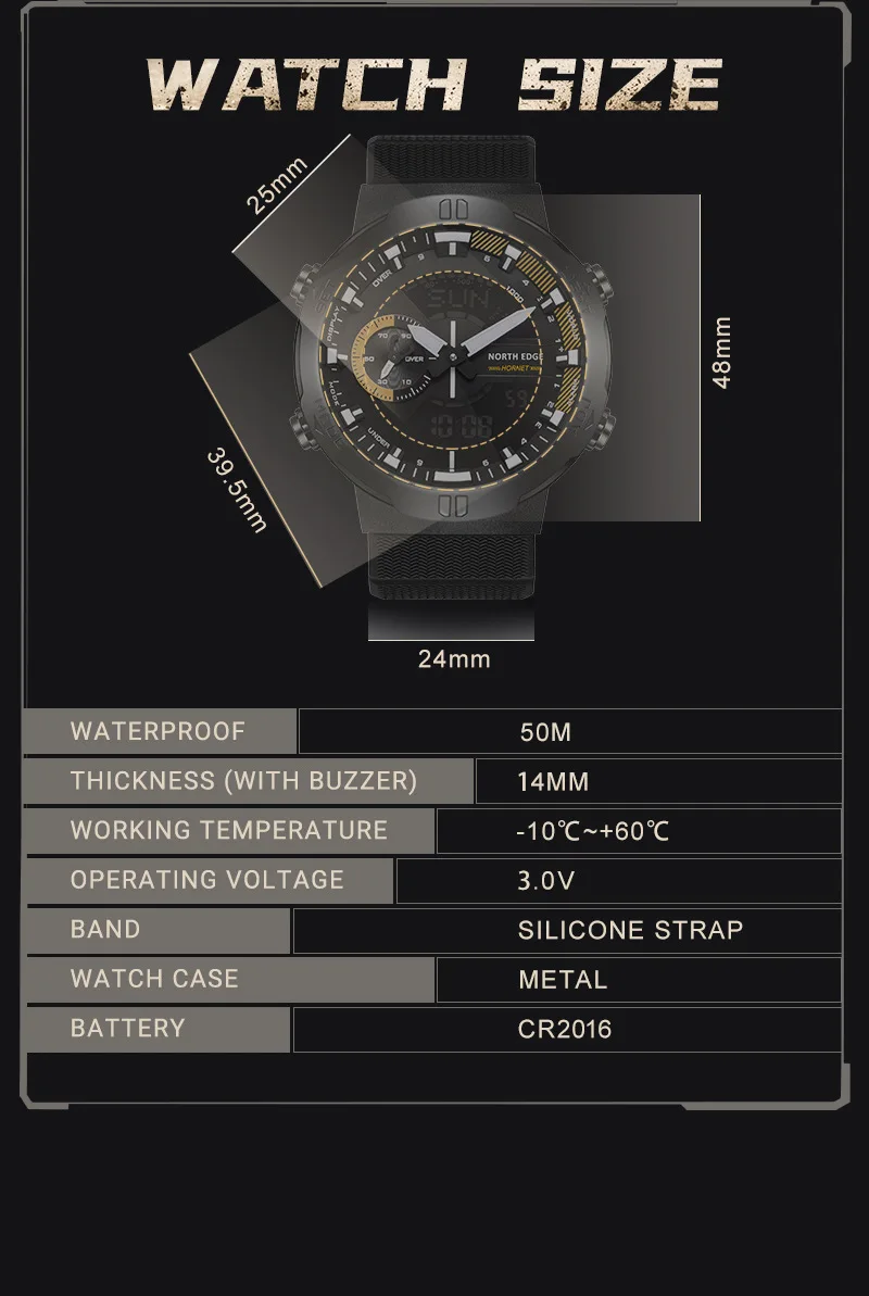 NORTH EDGE HORNET New Digital Watch Men's Sports Watches Dual Time Alarm Clock