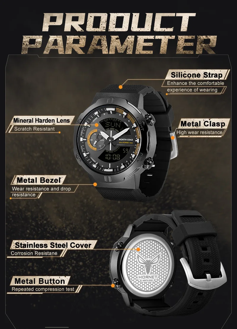 NORTH EDGE HORNET New Digital Watch Men's Sports Watches Dual Time Alarm Clock