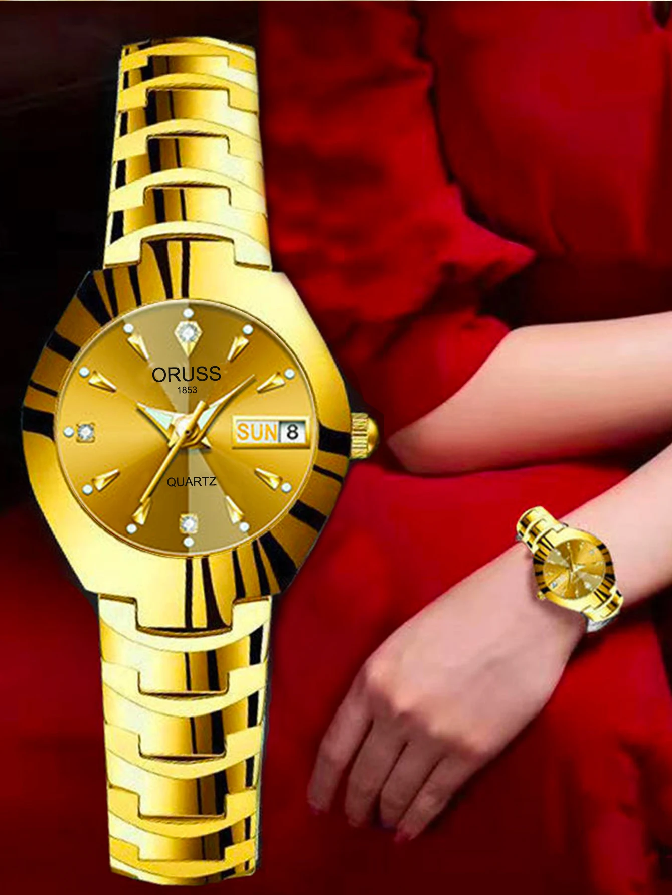 ORUSS Couple Watch Waterproof Casual Fashion Women Men Quartz Watches Ladies Stainless Date Week Men Clock Lover's Date Gift