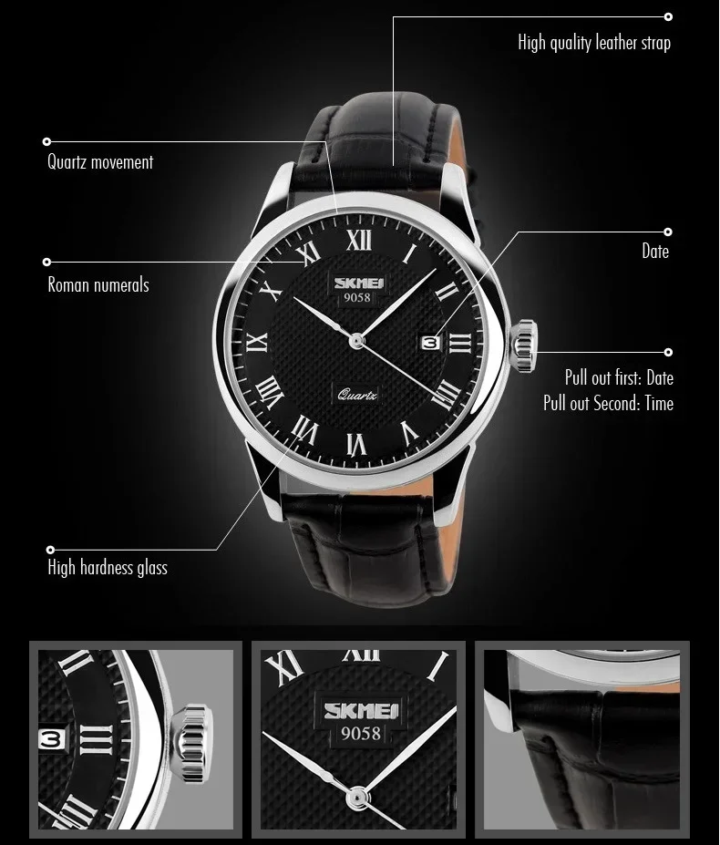 SKMEI 9058 Time Leather Strap Sports Waterproof Wristwatches Date Clock Lovers Quartz Women Men Watch Love Witness Reloj Hombre