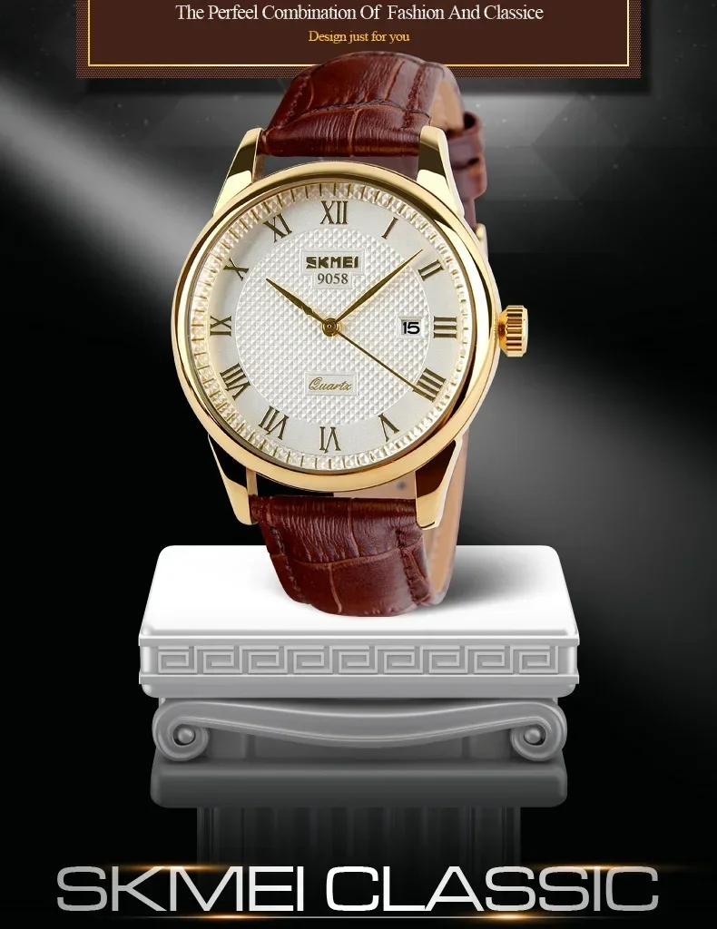 SKMEI 9058 Time Leather Strap Sports Waterproof Wristwatches Date Clock Lovers Quartz Women Men Watch Love Witness Reloj Hombre