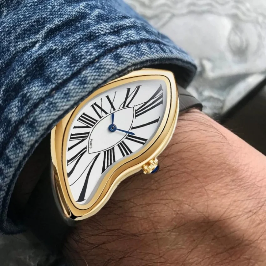 Luxury Quartz Men's Watch Vintage Cash Creative Melting Twisted Watches for Women Irregular Case Leather Y2K Ins Style Watch