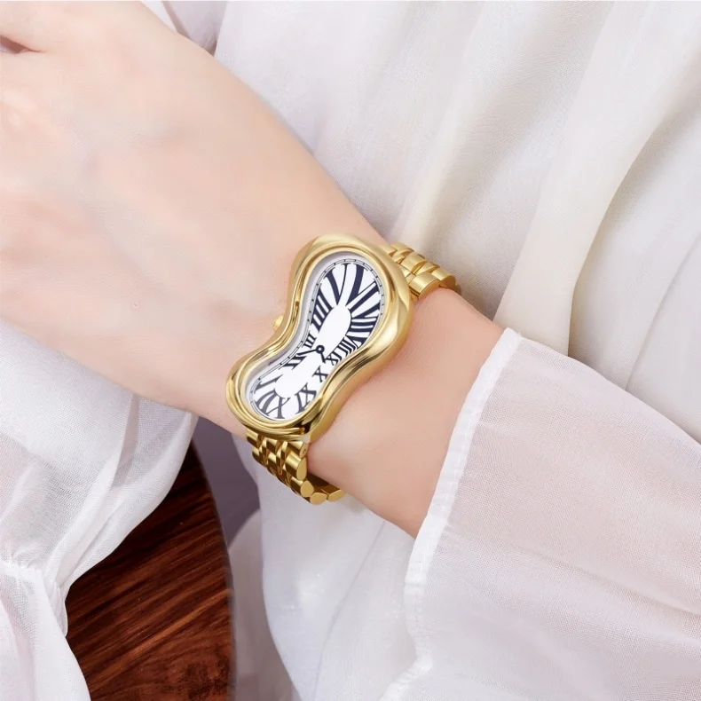 Luxury Quartz Men's Watch Vintage Cash Creative Melting Twisted Watches for Women Irregular Case Leather Y2K Ins Style Watch