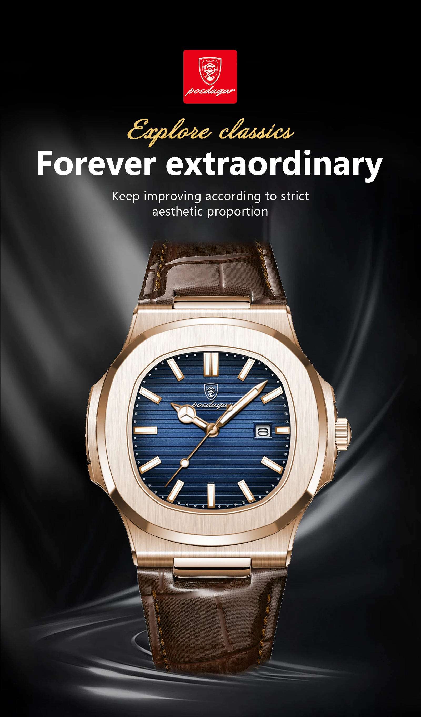 POEDAGAR Business Men's Watch Date Waterproof Luminous Luxury Men Clock High Quality Leather Quartz Square Watches For Man Reloj