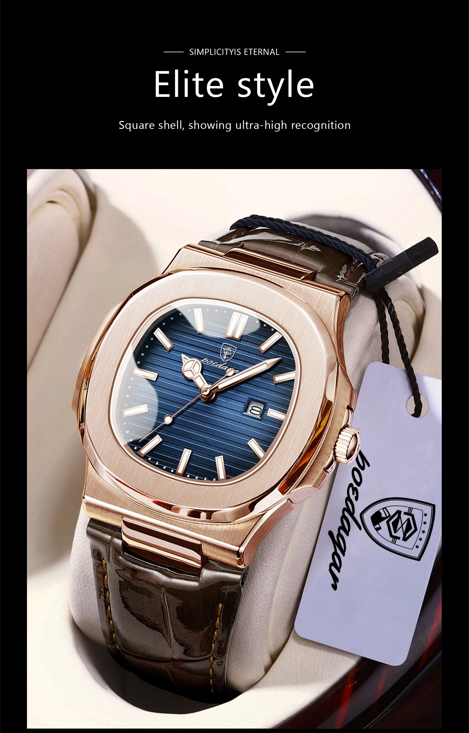 POEDAGAR Business Men's Watch Date Waterproof Luminous Luxury Men Clock High Quality Leather Quartz Square Watches For Man Reloj