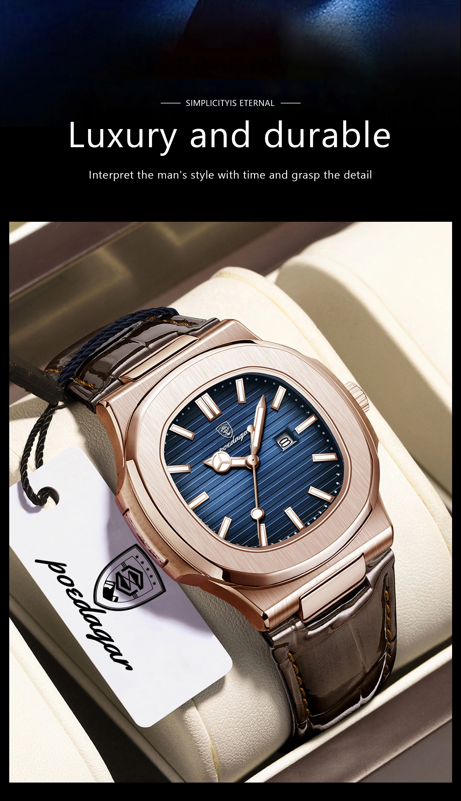 POEDAGAR Business Men's Watch Date Waterproof Luminous Luxury Men Clock High Quality Leather Quartz Square Watches For Man Reloj