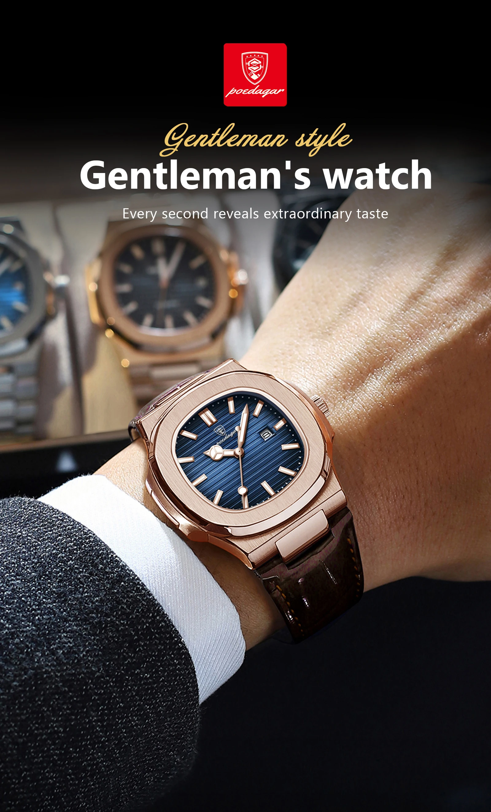 POEDAGAR Business Men's Watch Date Waterproof Luminous Luxury Men Clock High Quality Leather Quartz Square Watches For Man Reloj