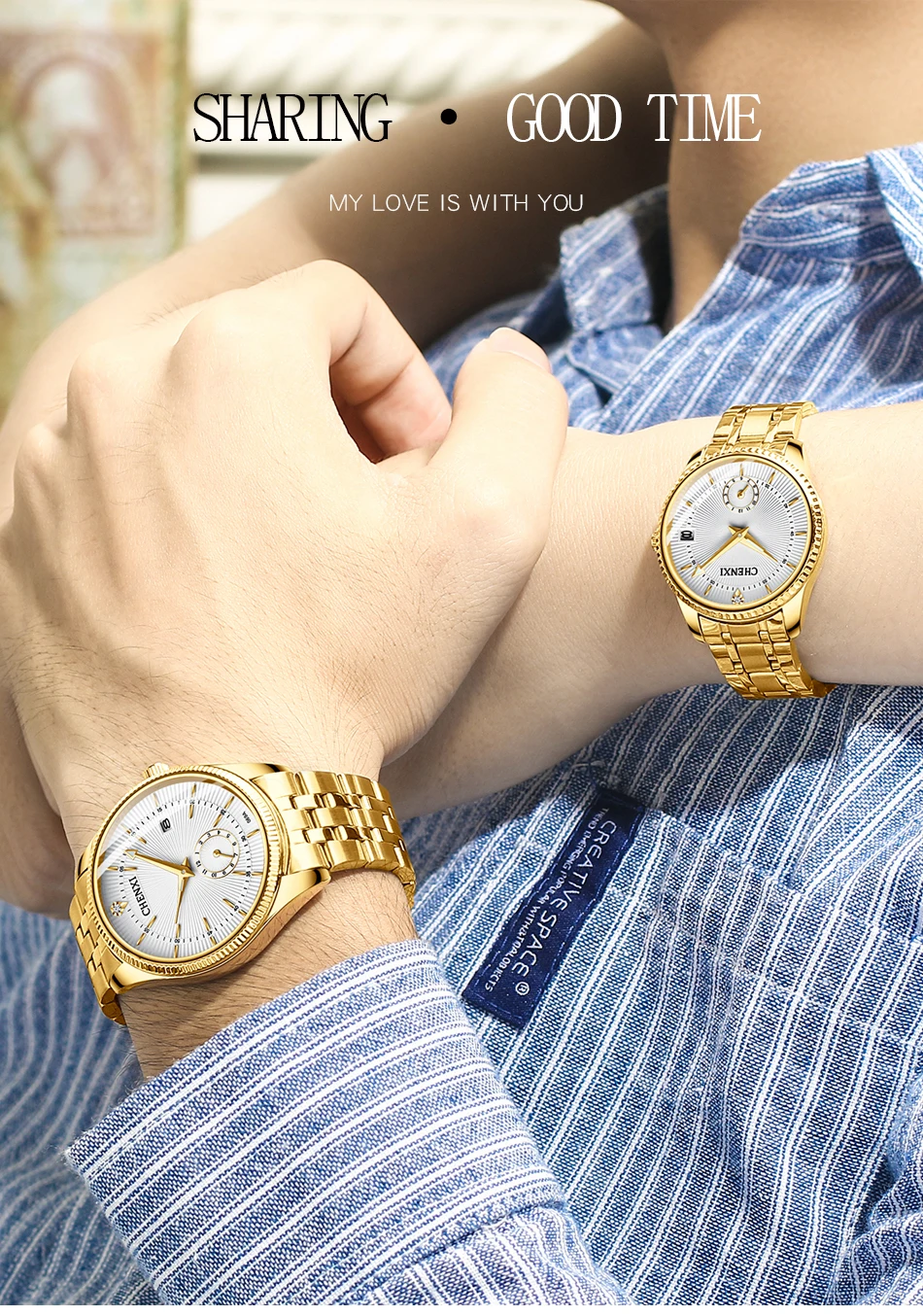 CHENXI Luxury Brand Casual Couple Watch Golden Stainless Steel Quartz Watch for Men's and Women's Waterproof Luminous Wristwatch