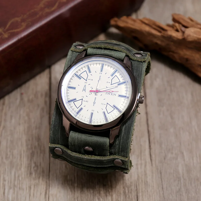 New Men's Watches Retro Clocks Punk Style Genuine Leather Strap Quartz Wristwatch 2023 Fashion Men Gift Lovers Cowhide Watch