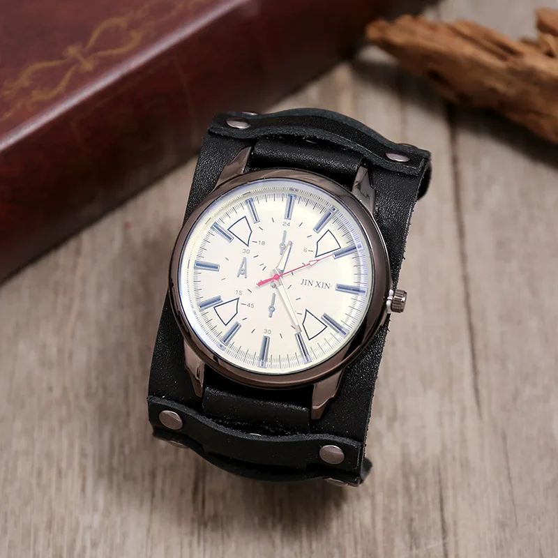 New Men's Watches Retro Clocks Punk Style Genuine Leather Strap Quartz Wristwatch 2023 Fashion Men Gift Lovers Cowhide Watch