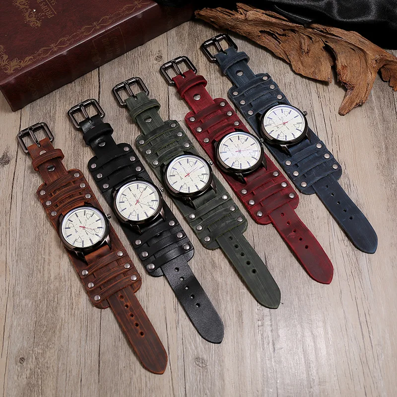 New Men's Watches Retro Clocks Punk Style Genuine Leather Strap Quartz Wristwatch 2023 Fashion Men Gift Lovers Cowhide Watch