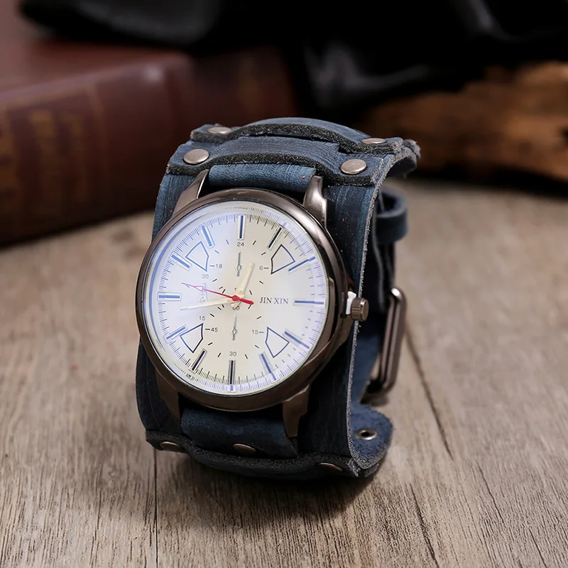 New Men's Watches Retro Clocks Punk Style Genuine Leather Strap Quartz Wristwatch 2023 Fashion Men Gift Lovers Cowhide Watch