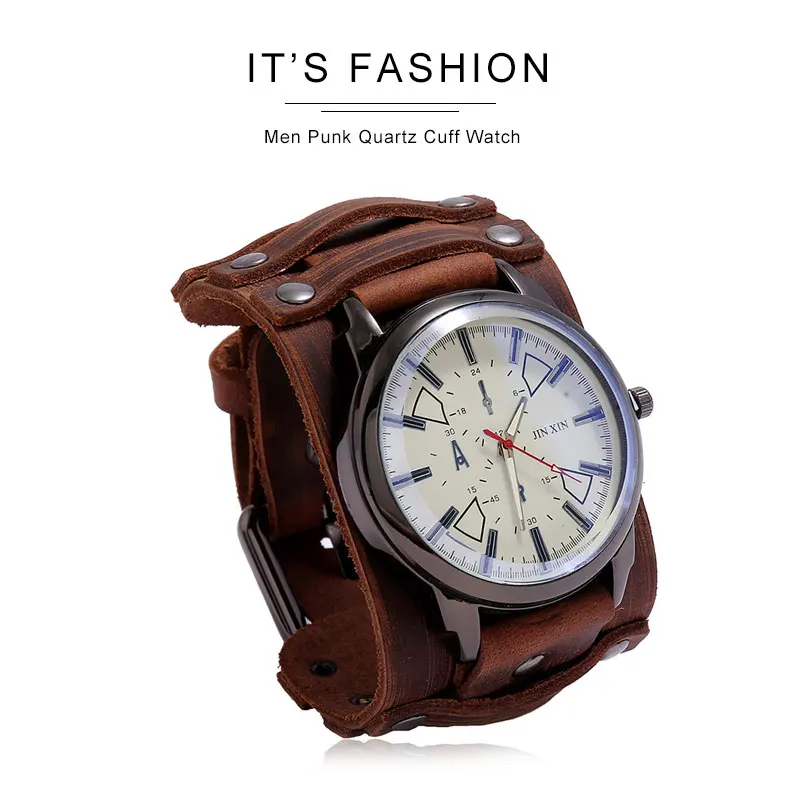 New Men's Watches Retro Clocks Punk Style Genuine Leather Strap Quartz Wristwatch 2023 Fashion Men Gift Lovers Cowhide Watch