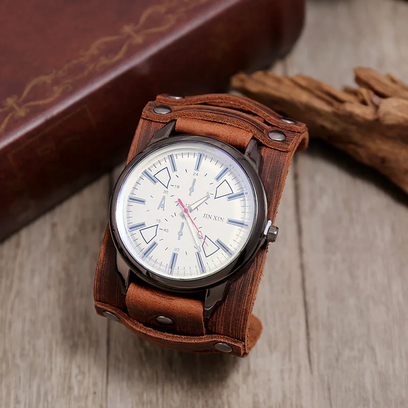 New Men's Watches Retro Clocks Punk Style Genuine Leather Strap Quartz Wristwatch 2023 Fashion Men Gift Lovers Cowhide Watch