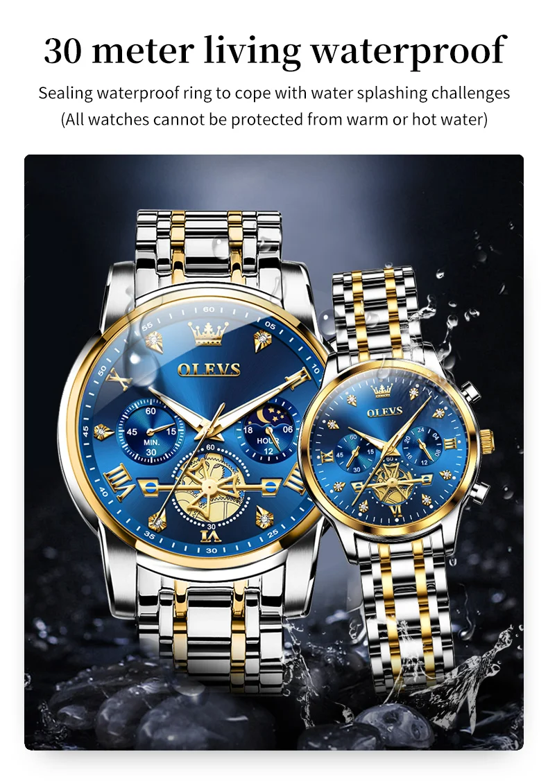 OLEVS Luxury Flywheel Design Couple Wristwatch Chronograph Waterproof Moon Phase Watch Brand Original Quartz Watch for Men Women