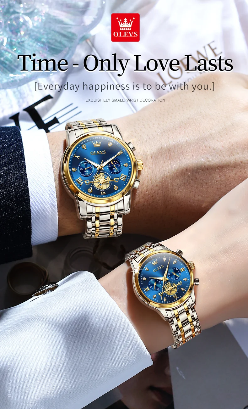 OLEVS Luxury Flywheel Design Couple Wristwatch Chronograph Waterproof Moon Phase Watch Brand Original Quartz Watch for Men Women