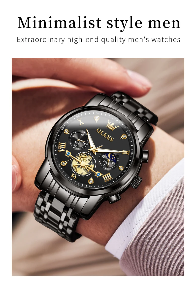 OLEVS Luxury Flywheel Design Couple Wristwatch Chronograph Waterproof Moon Phase Watch Brand Original Quartz Watch for Men Women