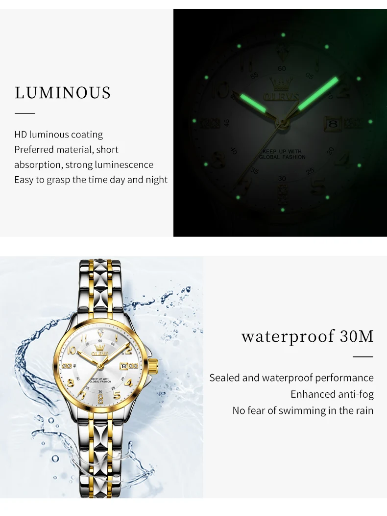 OLEVS 2910 Luxury Men Women Couple Watch Dual Calendar Display Waterproof Stainless Steel Clock Gold Diamond Couple Quartz Watch