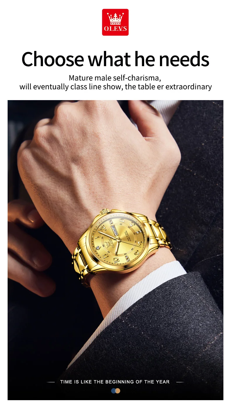 OLEVS 2910 Luxury Men Women Couple Watch Dual Calendar Display Waterproof Stainless Steel Clock Gold Diamond Couple Quartz Watch