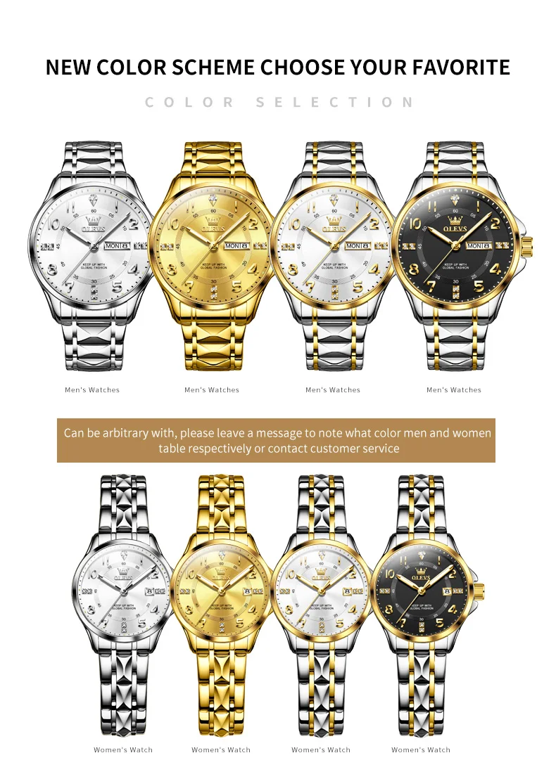 OLEVS 2910 Luxury Men Women Couple Watch Dual Calendar Display Waterproof Stainless Steel Clock Gold Diamond Couple Quartz Watch