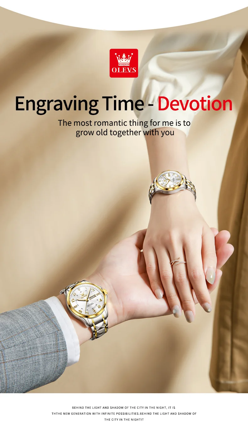 OLEVS 2910 Luxury Men Women Couple Watch Dual Calendar Display Waterproof Stainless Steel Clock Gold Diamond Couple Quartz Watch