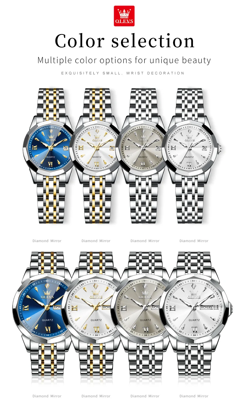 OLEVS 9998 Quartz Couple Watches Original Rhombus Mirror Waterproof Dress Wristwatch Luminous Date Fashion Watch For Men Women