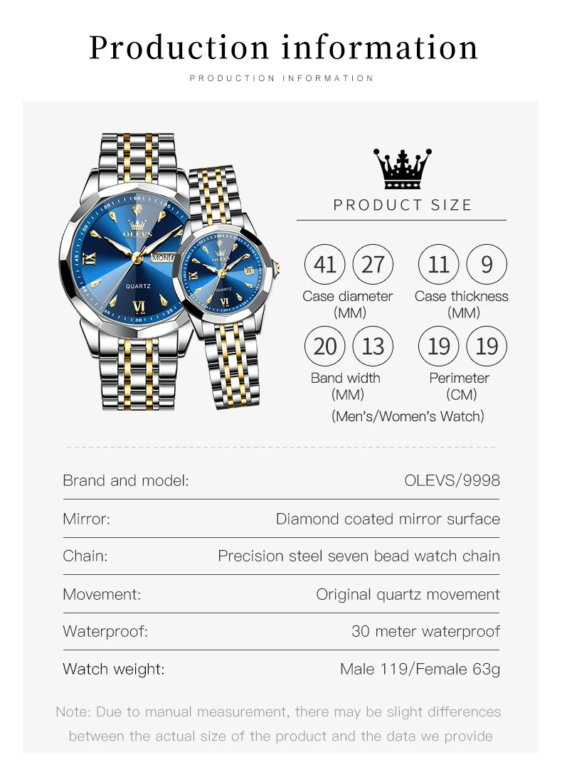 OLEVS 9998 Quartz Couple Watches Original Rhombus Mirror Waterproof Dress Wristwatch Luminous Date Fashion Watch For Men Women