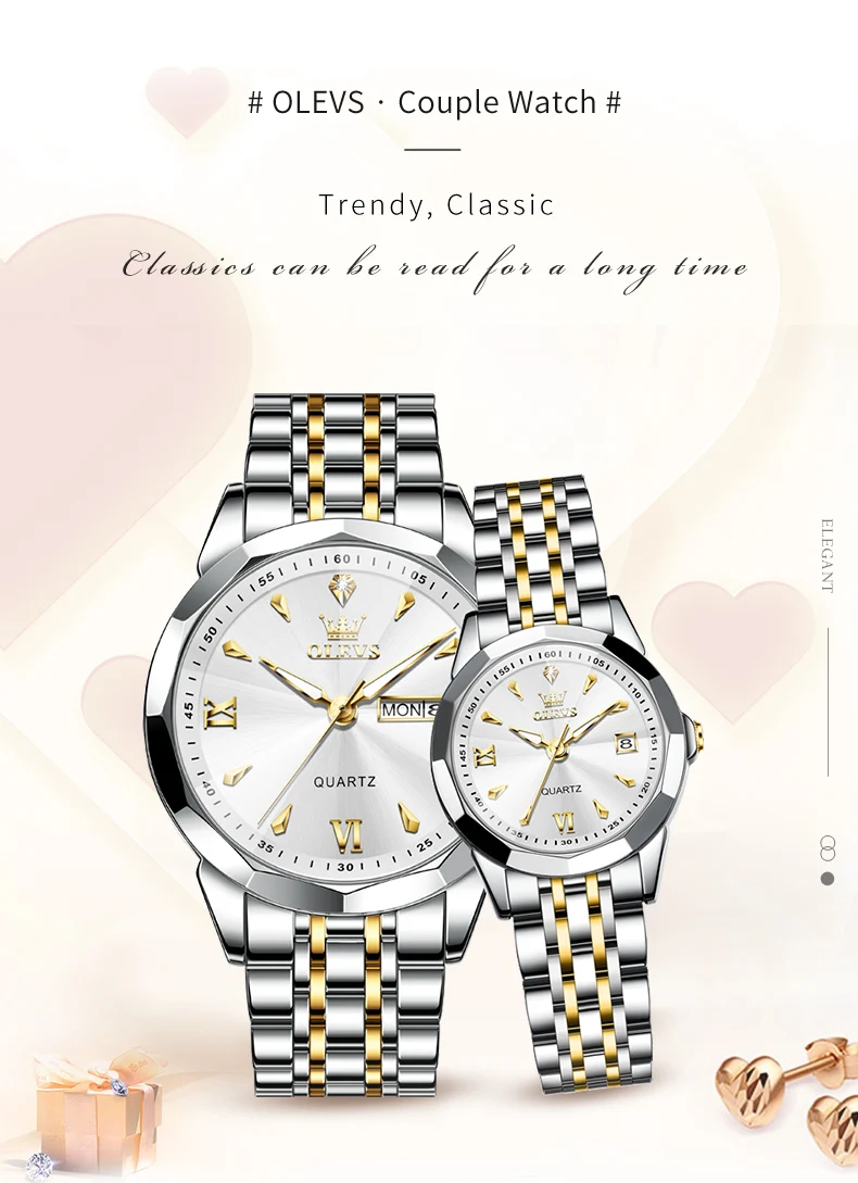 OLEVS 9998 Quartz Couple Watches Original Rhombus Mirror Waterproof Dress Wristwatch Luminous Date Fashion Watch For Men Women
