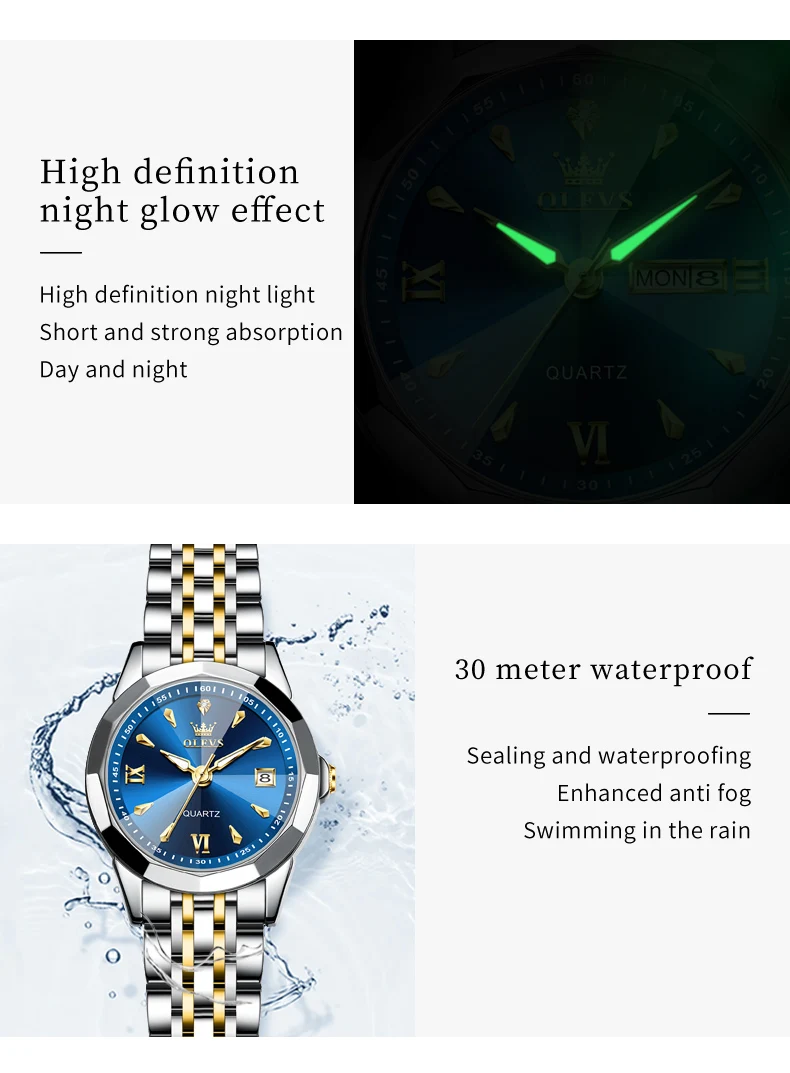 OLEVS 9998 Quartz Couple Watches Original Rhombus Mirror Waterproof Dress Wristwatch Luminous Date Fashion Watch For Men Women